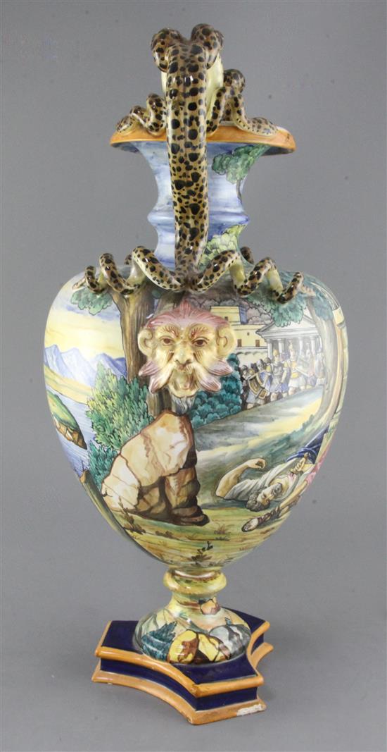 A large Italian maiolica Historiata Campana shaped urn, 20th century, 56.5cm